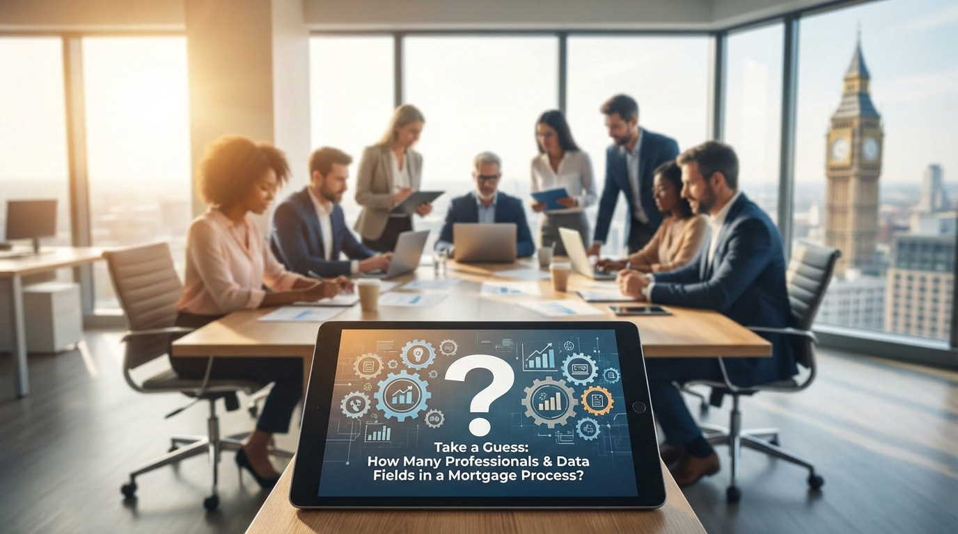 Infographic showing the mortgage process with multiple professionals and hundreds of data fields involved in loan approval and closing