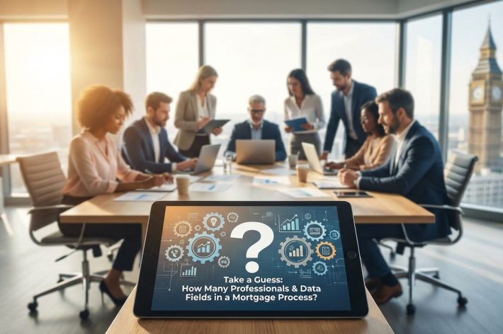 Infographic showing the mortgage process with multiple professionals and hundreds of data fields involved in loan approval and closing