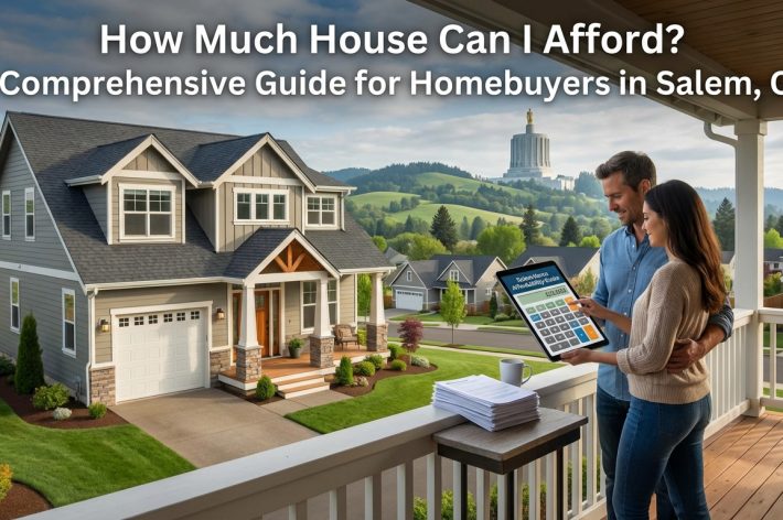 Couple using mortgage calculator on tablet with Salem Oregon Capitol building and homes in background - home affordability guide